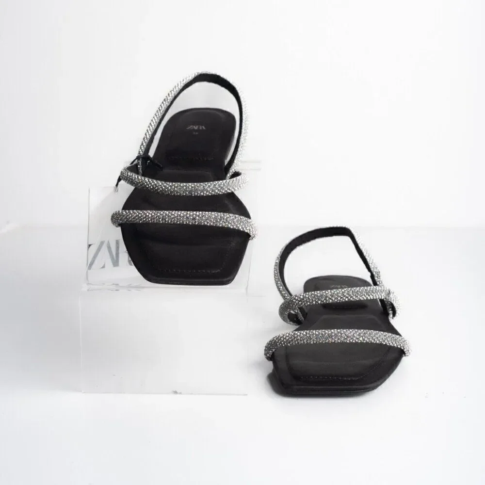 Zara Womens Black Strappy Rhinestone Slingback Flat Sandals Sz US 7.5 EU 38 - Picture 4 of 10